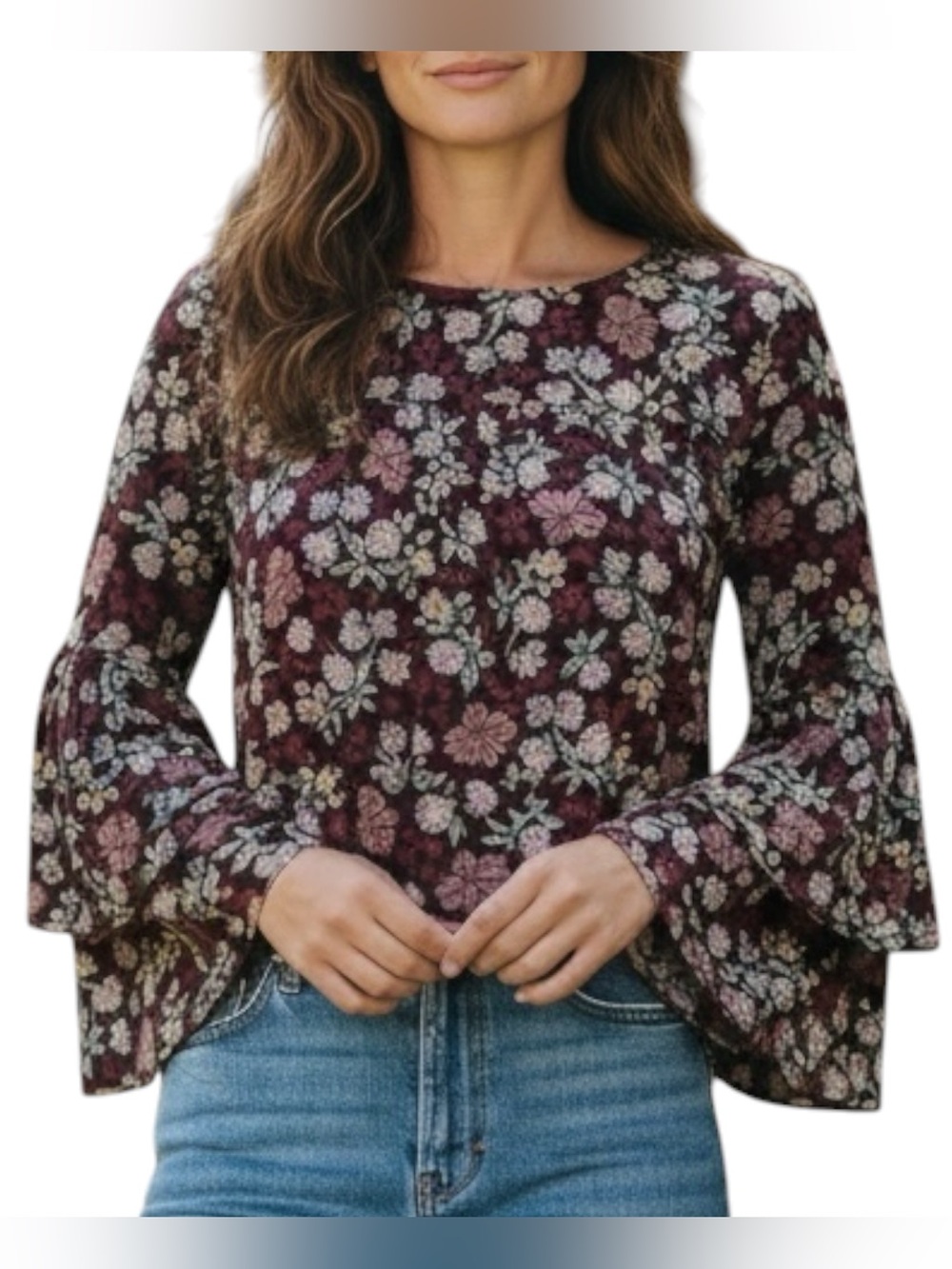 Ann Taylor LOFT Dark Floral Double Ruffle Bell Sleeve Blouse Top Petite Small SP